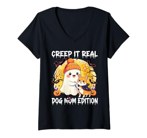 Damen Cute Ghost Dog Mom Halloween Creep It Real Edition T-Shirt mit V-Ausschnitt Damen Cute Ghost Dog Mom Halloween Creep It Real Edition T-Shirt mit V-Ausschnitt von Halloween Dog Mom Ghost Pumpkin Costume
