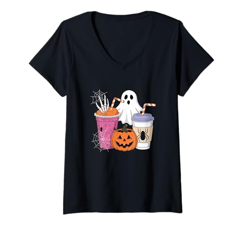 Damen Halloween Drinks Gruselige Geister Spinne Kürbis Spaß T-Shirt mit V-Ausschnitt Damen Halloween Drinks Gruselige Geister Spinne Kürbis Spaß T-Shirt mit V-Ausschnitt von Halloween Drinks