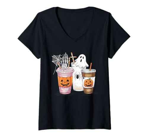 Damen Halloween Getränke Skelett Gruselige Geister Spinne Kürbis Kinder T-Shirt mit V-Ausschnitt Damen Halloween Getränke Skelett Gruselige Geister Spinne Kürbis Kinder T-Shirt mit V-Ausschnitt von Halloween Drinks