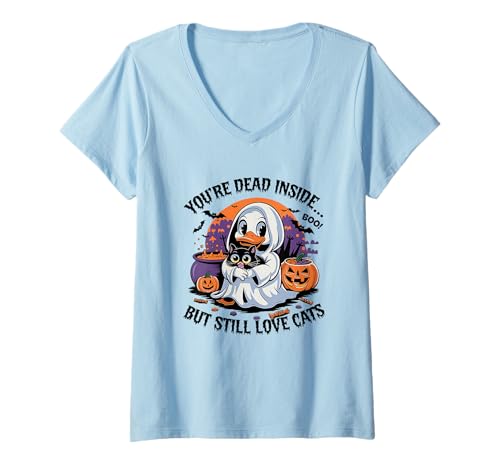 Damen Halloween Ente und Katze Gruselkostüm T-Shirt mit V-Ausschnitt Damen Halloween Ente und Katze Gruselkostüm T-Shirt mit V-Ausschnitt von Halloween Duck Cat Pumpkin Ghost Spooky