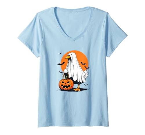 Damen Halloween Ente Geist hält Kürbis Süßes oder Saures T-Shirt mit V-Ausschnitt Damen Halloween Ente Geist hält Kürbis Süßes oder Saures T-Shirt mit V-Ausschnitt von Halloween Duck Ghost Pumpkin Bats Cute