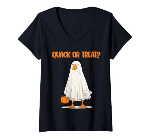 Damen Lustige Halloween-Ente Geist Quack or Treat T-Shirt mit V-Ausschnitt Damen Lustige Halloween-Ente Geist Quack or Treat T-Shirt mit V-Ausschnitt von Halloween Duck Shirts