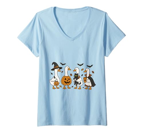 Damen Halloween Lustiges Geisterente Trick or Treat Halloween Kostüm T-Shirt mit V-Ausschnitt Damen Halloween Lustiges Geisterente Trick or Treat Halloween Kostüm T-Shirt mit V-Ausschnitt von Halloween Duck Spooky Season Shirt