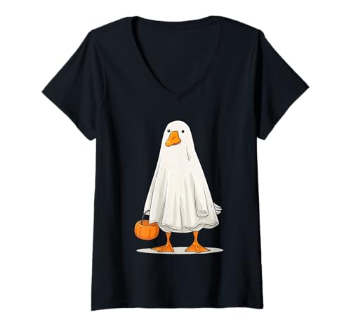 Damen Lustiges Halloween-Ente im Geister-Kostüm T-Shirt mit V-Ausschnitt Damen Lustiges Halloween-Ente im Geister-Kostüm T-Shirt mit V-Ausschnitt von Halloween Duck Tees