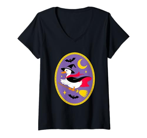 Damen Ente im Hexenhut auf Besenstiel Halloween T-Shirt mit V-Ausschnitt Damen Ente im Hexenhut auf Besenstiel Halloween T-Shirt mit V-Ausschnitt von Halloween Duck Witch Moon Bats Broomstick