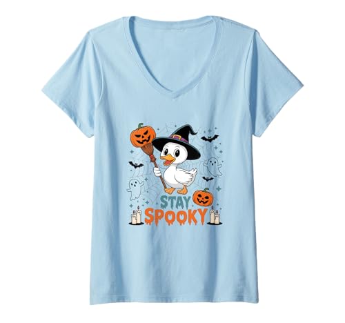 Damen Stay Spooky Duck in Hexenhut mit Kürbissen T-Shirt mit V-Ausschnitt Damen Stay Spooky Duck in Hexenhut mit Kürbissen T-Shirt mit V-Ausschnitt von Halloween Duck Witch Pumpkin Candles