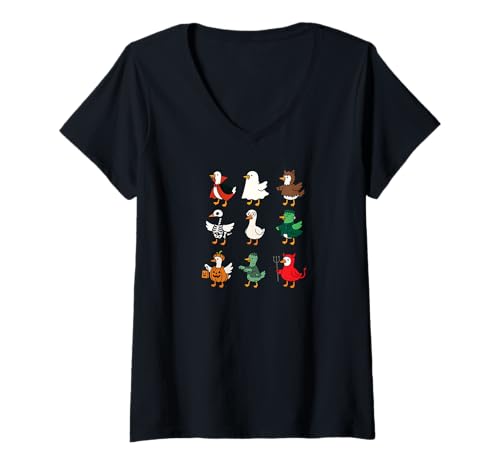 Damen Gruselige Entenparade Kostüme Vampir Geist Zombie Teufel T-Shirt mit V-Ausschnitt Damen Gruselige Entenparade Kostüme Vampir Geist Zombie Teufel T-Shirt mit V-Ausschnitt von Halloween Ducks Vampire Ghost Werewolf Skeleton
