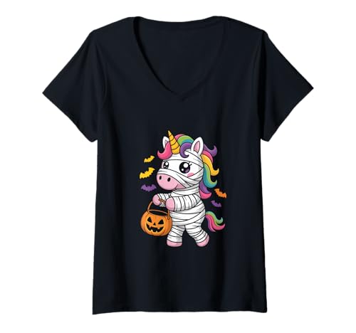 Damen Einhorn Mumie Halloween Kinder Süßes Oder Saures Party T-Shirt mit V-Ausschnitt Damen Einhorn Mumie Halloween Kinder Süßes Oder Saures Party T-Shirt mit V-Ausschnitt von Halloween Einhorn Mumie Kinder Süßes Oder Saures
