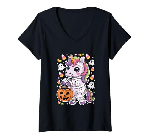 Damen Niedlich Einhorn Mumie Suesses Oder Saures Halloween Kuerbis T-Shirt mit V-Ausschnitt von Halloween Einhorn Mumie Kuerbis Geister Suess