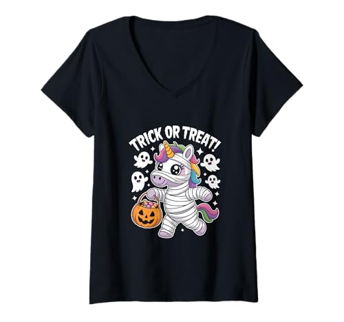 Damen Halloween Einhorn Mumie Trick Or Treat Süßes Oder Saures T-Shirt mit V-Ausschnitt Damen Halloween Einhorn Mumie Trick Or Treat Süßes Oder Saures T-Shirt mit V-Ausschnitt von Halloween Einhorn Mumie Kürbis Geister