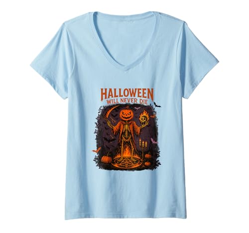 Damen Halloween Wird Niemals sterben Gruselige Stimmung T-Shirt mit V-Ausschnitt Damen Halloween Wird Niemals sterben Gruselige Stimmung T-Shirt mit V-Ausschnitt von Halloween Enthusiast Frightful Night