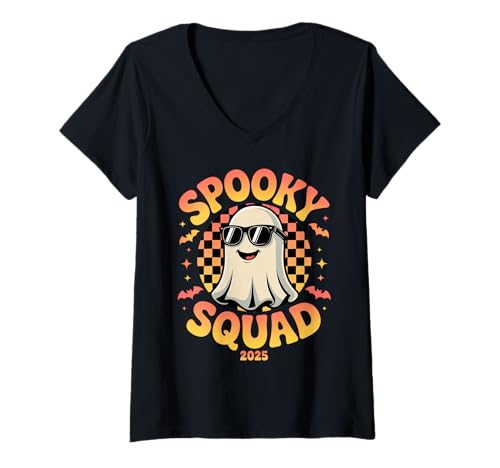 Damen Spooky Squad 2025 Lustige Halloween-Vibes für Geisterliebhaber T-Shirt mit V-Ausschnitt Damen Spooky Squad 2025 Lustige Halloween-Vibes für Geisterliebhaber T-Shirt mit V-Ausschnitt von Halloween Enthusiasts United Crew Collection