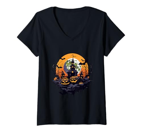 Damen Halloween-Haus und Kürbis T-Shirt mit V-Ausschnitt Damen Halloween-Haus und Kürbis T-Shirt mit V-Ausschnitt von Halloween Event
