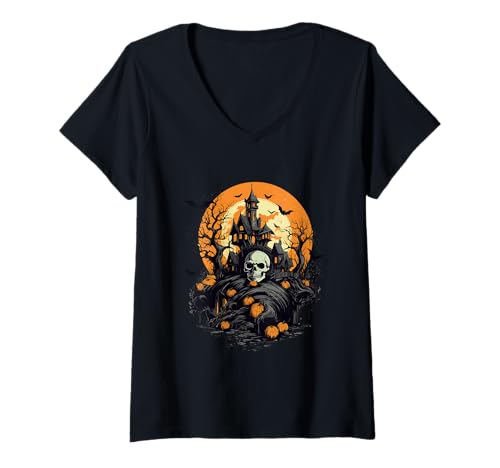 Damen Halloween-Haus und Kürbis T-Shirt mit V-Ausschnitt Damen Halloween-Haus und Kürbis T-Shirt mit V-Ausschnitt von Halloween Event