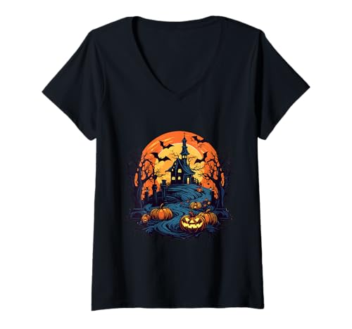 Damen Halloween-Haus und Kürbis T-Shirt mit V-Ausschnitt Damen Halloween-Haus und Kürbis T-Shirt mit V-Ausschnitt von Halloween Event