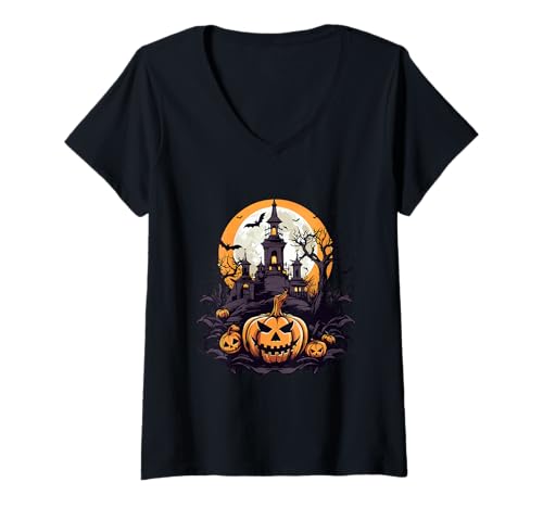 Damen Halloween-Haus und Kürbis T-Shirt mit V-Ausschnitt Damen Halloween-Haus und Kürbis T-Shirt mit V-Ausschnitt von Halloween Event