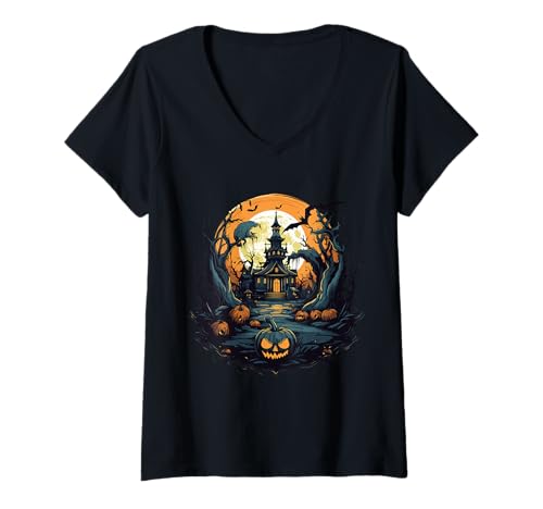 Damen Halloween-Haus und Kürbis T-Shirt mit V-Ausschnitt Damen Halloween-Haus und Kürbis T-Shirt mit V-Ausschnitt von Halloween Event