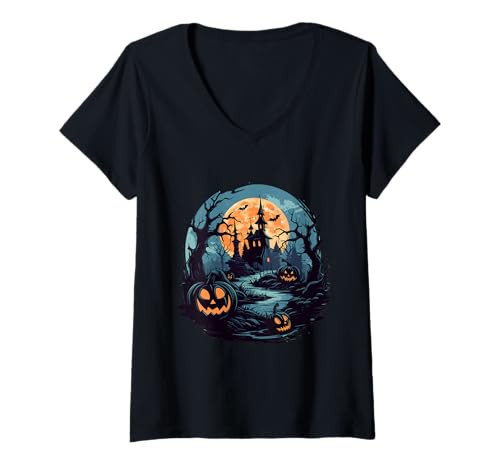 Damen Halloween-Haus und Kürbis T-Shirt mit V-Ausschnitt Damen Halloween-Haus und Kürbis T-Shirt mit V-Ausschnitt von Halloween Event
