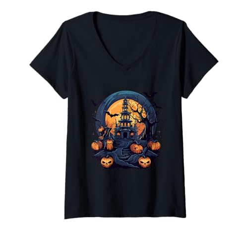 Damen Halloween-Haus und Kürbis T-Shirt mit V-Ausschnitt Damen Halloween-Haus und Kürbis T-Shirt mit V-Ausschnitt von Halloween Event