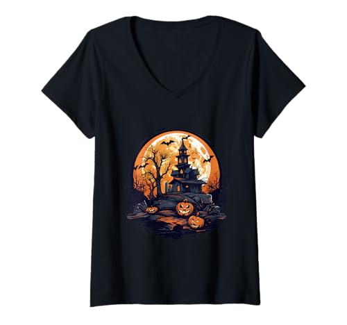 Damen Halloween-Haus und Kürbis T-Shirt mit V-Ausschnitt Damen Halloween-Haus und Kürbis T-Shirt mit V-Ausschnitt von Halloween Event