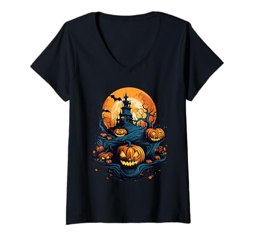 Damen Halloween-Haus und Kürbis T-Shirt mit V-Ausschnitt Damen Halloween-Haus und Kürbis T-Shirt mit V-Ausschnitt von Halloween Event