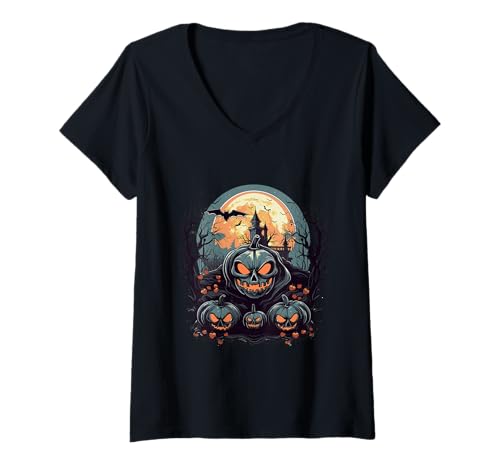 Damen Halloween-Haus und Kürbis T-Shirt mit V-Ausschnitt Damen Halloween-Haus und Kürbis T-Shirt mit V-Ausschnitt von Halloween Event