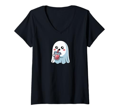 Damen Spooky Ghost Boba Tea Lover Halloween Creature Monster T-Shirt mit V-Ausschnitt Damen Spooky Ghost Boba Tea Lover Halloween Creature Monster T-Shirt mit V-Ausschnitt von Halloween Everywhere DearPrint