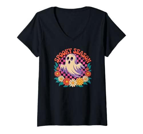 Damen Spooky Ghost Flower Lover Halloween Creature Monster T-Shirt mit V-Ausschnitt Damen Spooky Ghost Flower Lover Halloween Creature Monster T-Shirt mit V-Ausschnitt von Halloween Everywhere DearPrint