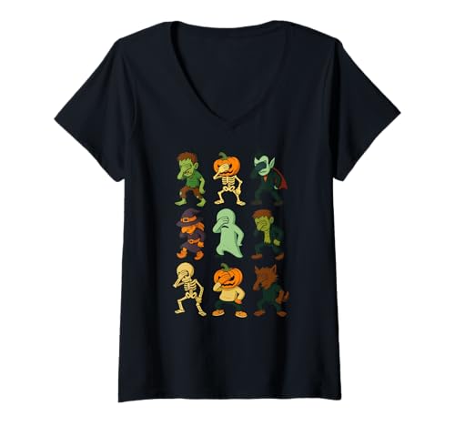 Damen Spooky Halloween Facepalm Monster Sammlung Kürbis Geist T-Shirt mit V-Ausschnitt Damen Spooky Halloween Facepalm Monster Sammlung Kürbis Geist T-Shirt mit V-Ausschnitt von Halloween Facepalm Charakter Monster Kostüm Scherz