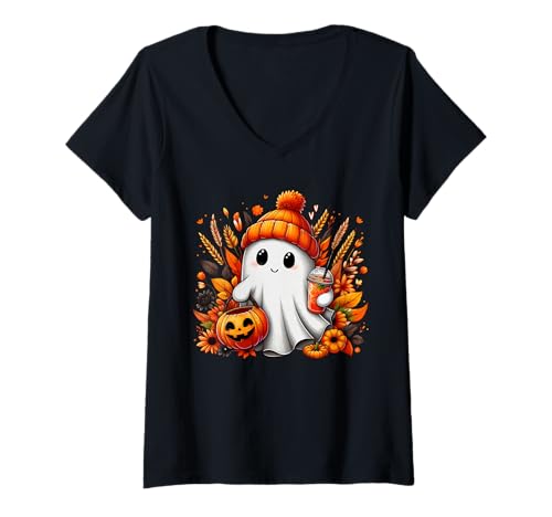 Damen Niedliche Halloween-Geister-Kürbisse EIN süßes Halloween-Geister-Kostüm T-Shirt mit V-Ausschnitt Damen Niedliche Halloween-Geister-Kürbisse EIN süßes Halloween-Geister-Kostüm T-Shirt mit V-Ausschnitt von Halloween Fall Ghost the Halloween Costume Women