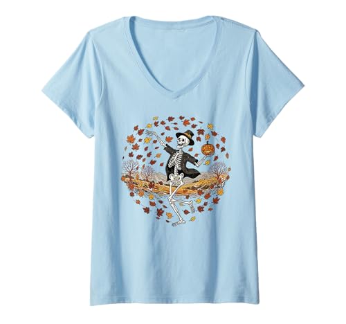 Damen Skeleton Dancing with Pumpkin Autumn Leaves Halloween Fall T-Shirt mit V-Ausschnitt Damen Skeleton Dancing with Pumpkin Autumn Leaves Halloween Fall T-Shirt mit V-Ausschnitt von Halloween Fall Season Skeleton Outfits