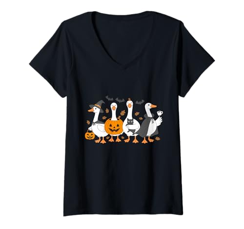 Damen Gans Halloween Kürbis Herbstsaison T-Shirt mit V-Ausschnitt Damen Gans Halloween Kürbis Herbstsaison T-Shirt mit V-Ausschnitt von Halloween Fall