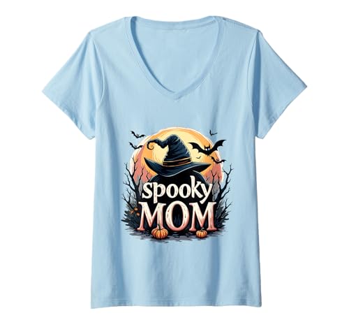 Damen Spooky Mom Hexenhut Halloween T-Shirt mit V-Ausschnitt Damen Spooky Mom Hexenhut Halloween T-Shirt mit V-Ausschnitt von Halloween Familie Mama Humor