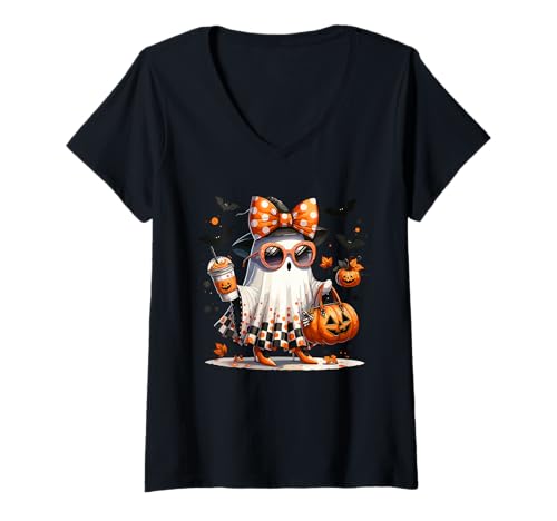 Damen Geist Kostüm Fasching Karneval Frauen Mädchen Gespenst T-Shirt mit V-Ausschnitt Damen Geist Kostüm Fasching Karneval Frauen Mädchen Gespenst T-Shirt mit V-Ausschnitt von Halloween Fasching Karneval Gespenst Kostüm Frauen