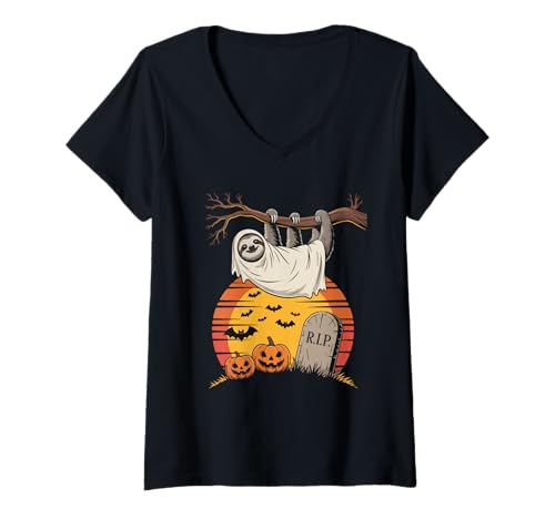 Damen R.I.P. Lustiges Halloween Faultier T-Shirt mit V-Ausschnitt Damen R.I.P. Lustiges Halloween Faultier T-Shirt mit V-Ausschnitt von Halloween Faultier Spuk Grusel Kürbis