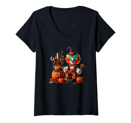 Damen Bunter Halloween-Clown mit Kürbissen T-Shirt mit V-Ausschnitt Damen Bunter Halloween-Clown mit Kürbissen T-Shirt mit V-Ausschnitt von Halloween Festive Clown Pumpkin Trick
