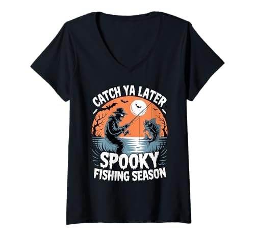 Damen Catch Ya Later Fishing Halloween Spooky Season T-Shirt mit V-Ausschnitt Damen Catch Ya Later Fishing Halloween Spooky Season T-Shirt mit V-Ausschnitt von Halloween Fishing Spooky Season Creepy Angler