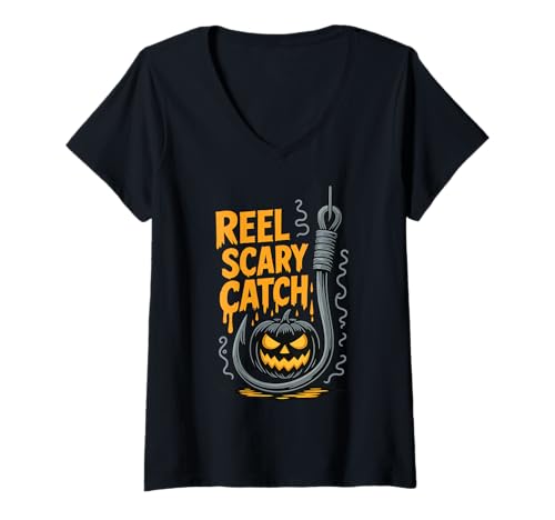 Damen Creepin It Reel Halloween Fishing Spooky Vibes T-Shirt mit V-Ausschnitt Damen Creepin It Reel Halloween Fishing Spooky Vibes T-Shirt mit V-Ausschnitt von Halloween Fishing Spooky Season Creepy Angler