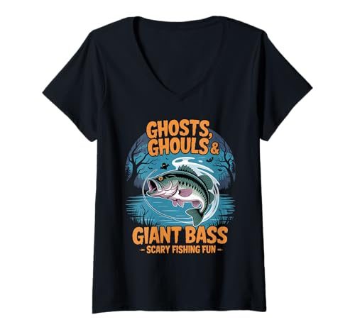 Damen Ghosts Ghouls Giant Bass Scary Fishing Halloween T-Shirt mit V-Ausschnitt Damen Ghosts Ghouls Giant Bass Scary Fishing Halloween T-Shirt mit V-Ausschnitt von Halloween Fishing Spooky Season Creepy Angler