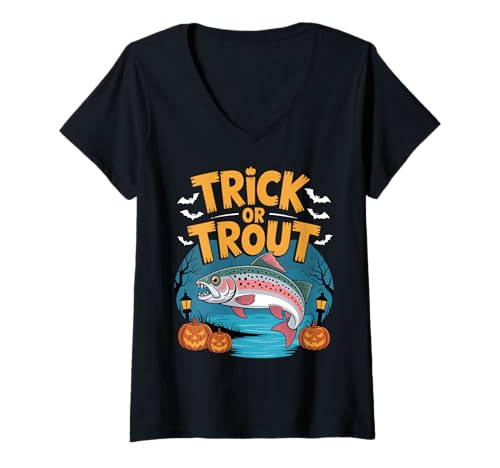 Damen Trick Or Trout Funny Halloween Fisherman Life T-Shirt mit V-Ausschnitt Damen Trick Or Trout Funny Halloween Fisherman Life T-Shirt mit V-Ausschnitt von Halloween Fishing Spooky Season Creepy Angler