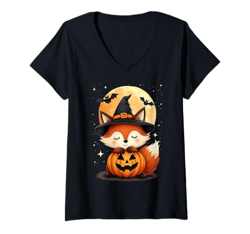 Damen Halloween Niedlicher Fuchs Hexenhut Kürbis Gruselig T-Shirt mit V-Ausschnitt Damen Halloween Niedlicher Fuchs Hexenhut Kürbis Gruselig T-Shirt mit V-Ausschnitt von Halloween Fox Cute Pumpkins Bats Costumes Tees