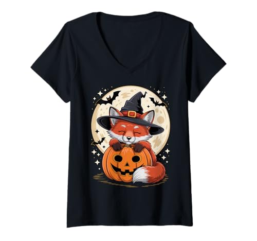 Damen Halloween Fuchs Hexenhut Kürbis Gruselig T-Shirt mit V-Ausschnitt Damen Halloween Fuchs Hexenhut Kürbis Gruselig T-Shirt mit V-Ausschnitt von Halloween Fox Pumpkins Bats Costume Tees
