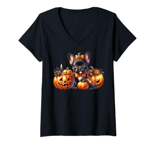Damen Black Frenchie Halloween Pumpkins for French Bulldog Mom T-Shirt mit V-Ausschnitt von Halloween Frenchie Gifts For French Bulldog Lovers
