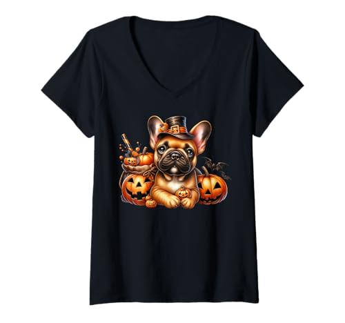 Damen Cute Frenchie Pumpkin and Bat Decor French Bulldog Halloween T-Shirt mit V-Ausschnitt von Halloween Frenchie Gifts For French Bulldog Lovers