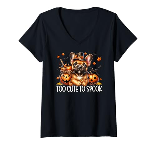 Damen French Bulldog Halloween Dog Puppy is Too Cute to Spook T-Shirt mit V-Ausschnitt von Halloween Frenchie Gifts For French Bulldog Lovers