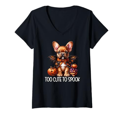 Damen Vampire Dog Halloween Frenchie Puppy is Too Cute to Spook T-Shirt mit V-Ausschnitt von Halloween Frenchie Gifts For French Bulldog Lovers