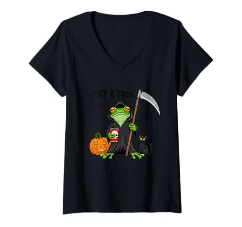 Damen Just a Frog Doing Grim Things - Halloween Frosch - Lustiger Frosch T-Shirt mit V-Ausschnitt Damen Just a Frog Doing Grim Things - Halloween Frosch - Lustiger Frosch T-Shirt mit V-Ausschnitt von Halloween Frog - Amphibian, Cute Frog, Frog Lover