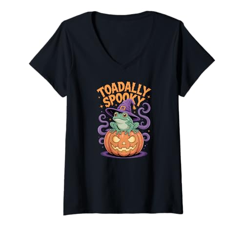 Damen Halloween Wortspiel Gruseliger Frosch mit Hexenhut T-Shirt mit V-Ausschnitt Damen Halloween Wortspiel Gruseliger Frosch mit Hexenhut T-Shirt mit V-Ausschnitt von Halloween Frog Humor Apparel Gifts by Anastasia