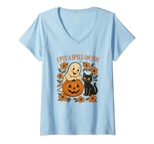 Damen Halloween-Design „Ich verzaubere dich“ T-Shirt mit V-Ausschnitt Damen Halloween-Design „Ich verzaubere dich“ T-Shirt mit V-Ausschnitt von Halloween Fun Ghost Cat Pumpkin Magic