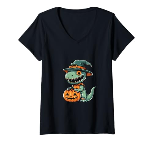 Damen Lustiger Halloween-Dinosaurier-Zombie-Comic T-Shirt mit V-Ausschnitt Damen Lustiger Halloween-Dinosaurier-Zombie-Comic T-Shirt mit V-Ausschnitt von Halloween Fun Style Inc